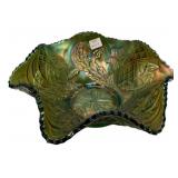 Green Carnival Glass Ruffled Bowl