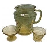 Yellow Depression Glass Pitcher & Cups