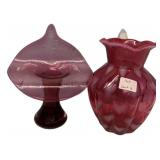 Cranberry Glass Vase & Compote Set