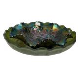 Green Carnival Glass Ruffled Bowl