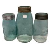 Antique Blue Glass Canning Jars Lot of 3