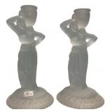 Frosted Glass Figural Candleholders Pair