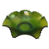 Green Carnival Glass Ruffled Bowl