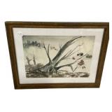 Framed Watercolor Fallen Tree Landscape