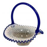 Hobnail Glass Basket Blue Crest Handle