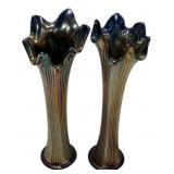 Pair Carnival Glass Ribbed Swung Vases
