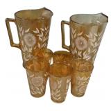 Marigold Carnival Glass Pitcher & Glass Set