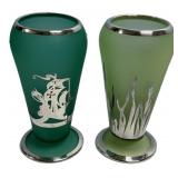 Silver Overlay Green Satin Glass Vases