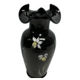 Black Glass Ruffled Rim Floral Vase