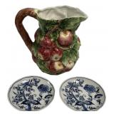 Ceramic Apple Pitcher & Blue Onion Plates