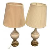 Pair White Ceramic & Brass Table Lamps