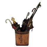 Barrel Umbrella Stand w/ Umbrellas Lot