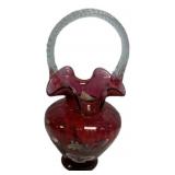 Fenton Cranberry Glass Basket Hand Painted
