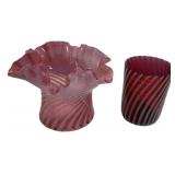 Cranberry Opalescent Swirl Glass Pair