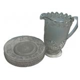Pressed Glass Pitcher & Plates Set