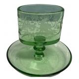 Green Etched Glass Goblet Hunt Scene