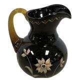 Black Glass Pitcher w/ Hand-Painted Flowers