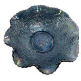 Blue Carnival Glass Ruffled Bowl
