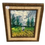 Framed Oil Painting Rainy Meadow Scene