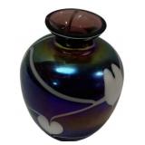 Iridescent Art Glass Vase White Overlay