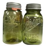 Pair Vintage Green Ball Mason Jars