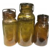 Antique Amber Lightning Canning Jars x3