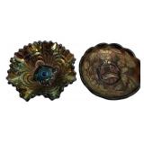 Pair Carnival Glass Bowls Peacock Motif