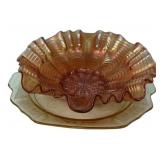 Carnival Glass Ruffled Bowl & Plate Set