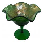 Green Carnival Glass Ruffled Compote