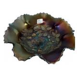 Carnival Glass Ruffled Bowl Fruit Motif