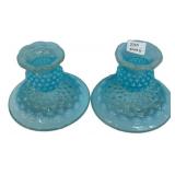 Blue Opalescent Hobnail Candleholders