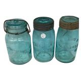 Antique Blue Glass Canning Jars Lot of 3