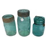 Antique Aqua Glass Canning Jars Lot of 3