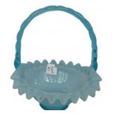 Blue Opalescent Glass Basket Ruffled