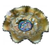 Carnival Glass Ruffled Bowl Fruit Motif