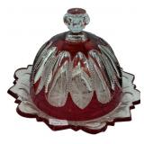 Ruby Stained Pressed Glass Butter Dish