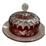 Ruby Cut to Clear Glass Butter Dish