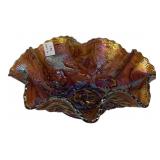 Carnival Glass Rose Pattern Ruffled Bowl