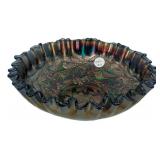 Carnival Glass Peacock Ruffled Bowl