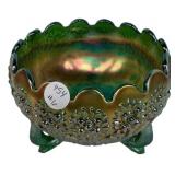 Green Carnival Glass Footed Bowl
