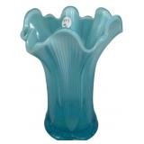 Blue Opalescent Ruffled Glass Vase