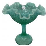 Fenton Green Opalescent Ruffled Compote