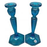 Blue Iridescent Glass Candlestick Pair