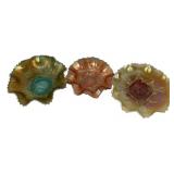 Three Carnival Glass Ruffled Bowls