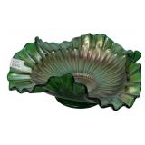 Green Carnival Glass Ruffled Bowl