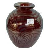Red Art Glass Vase Feathered Design
