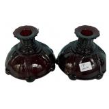Ruby Red Glass Candlestick Holders Pair