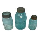 Antique Blue Glass Canning Jars Lot of 3