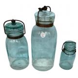 Antique Blue Glass Canning Jars Set of 3