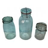 Antique Blue Glass Canning Jars Lot of 3